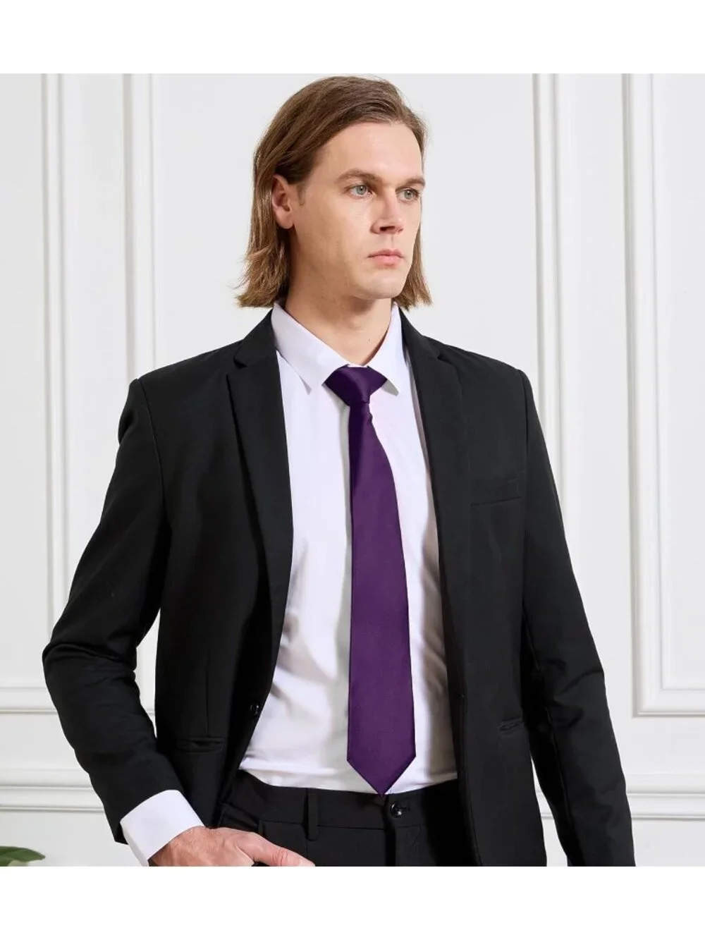Men's Dark Purple Solid Microfiber Plain Formal Silk Necktie For Business Dress